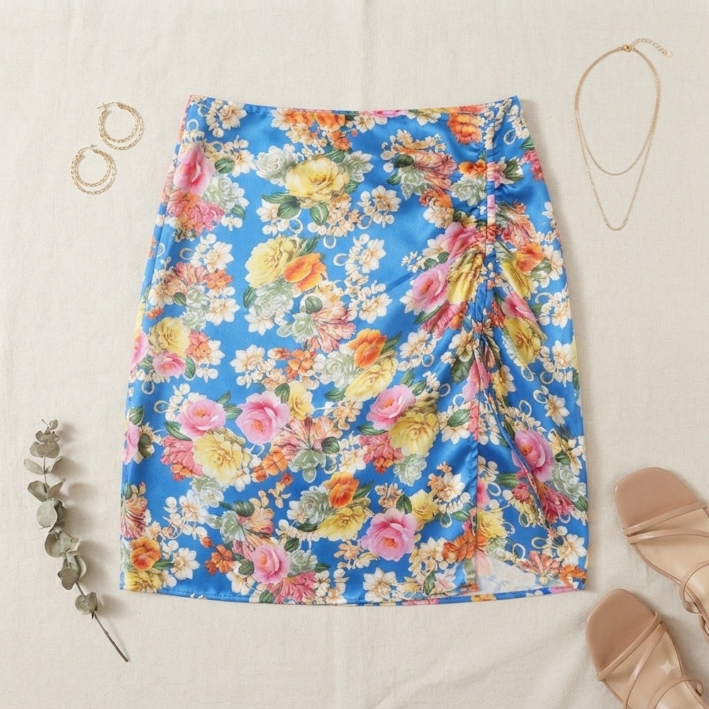 Johnny Was Pauline Skirt Womens L Blue Floral Silk Ruched Slit Midi Boho Chic